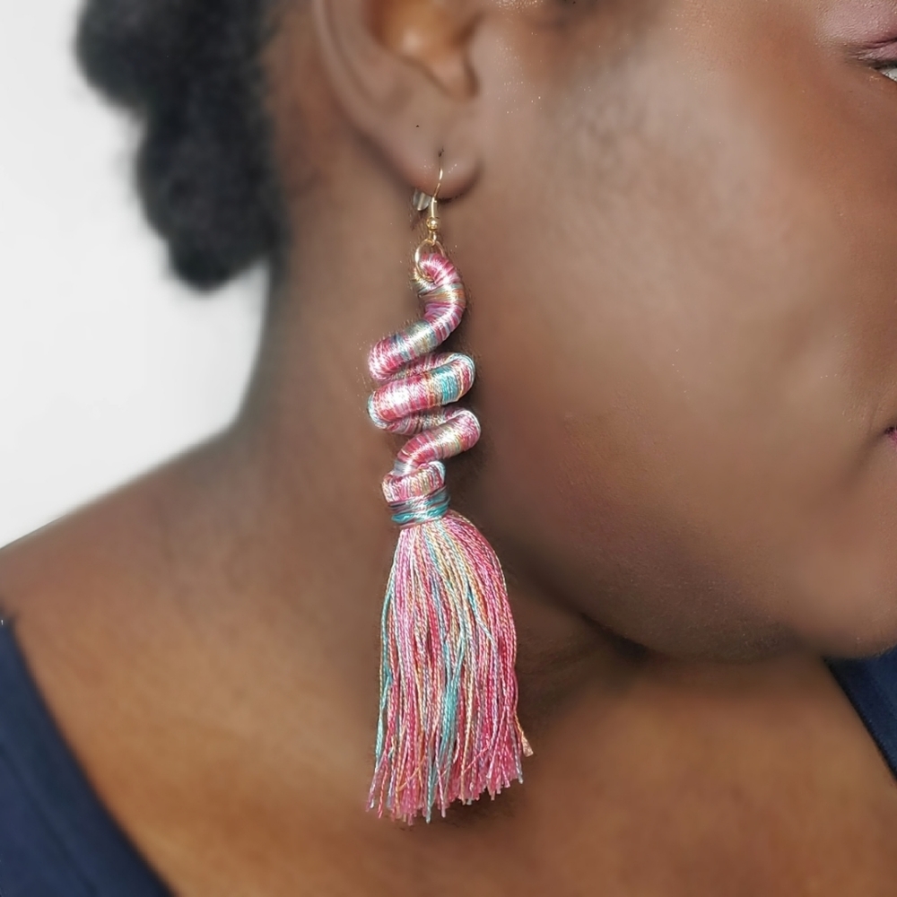 Pink - Twist & Fringe Multicolor Thread Earrings